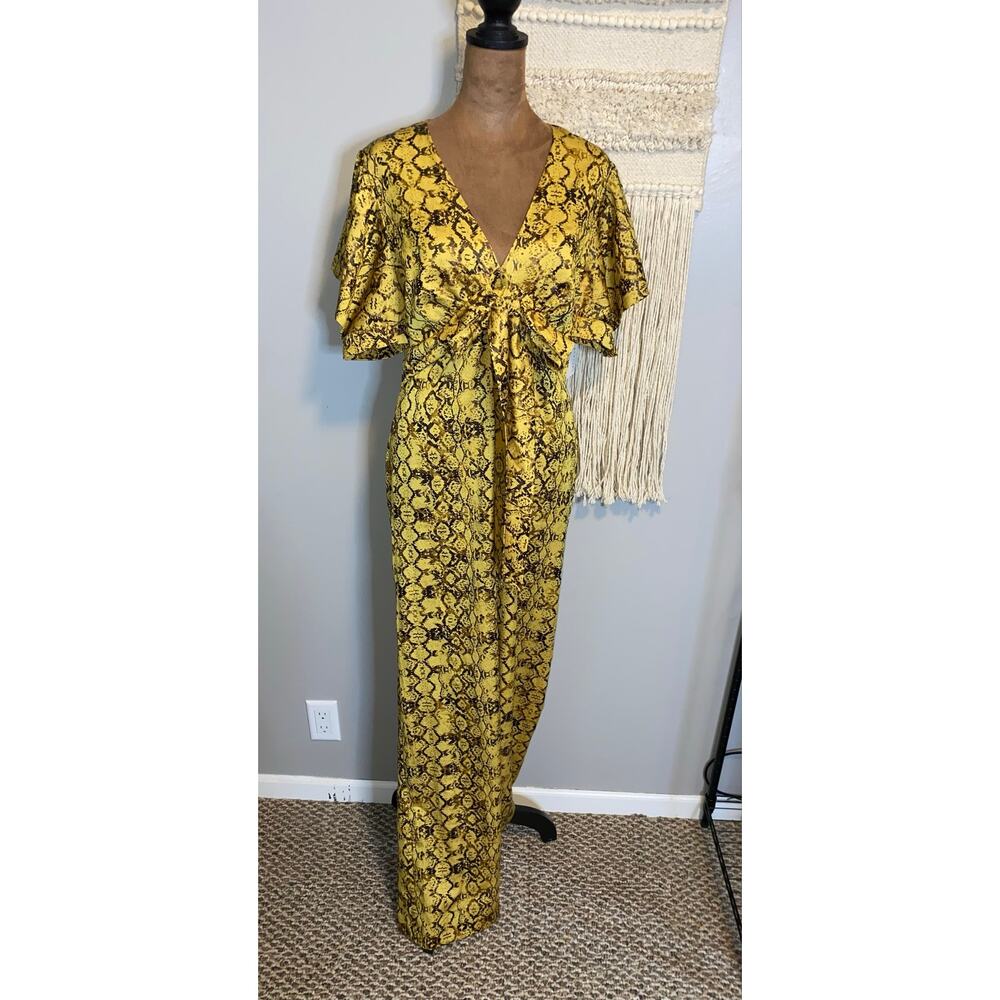 Current Air Anthropologie Snake Print Jumpsuit Yellow Wide Leg Back Zip NWT